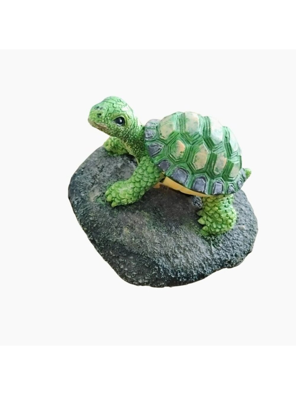 Miniature Green Turtle Figurine On Rock Hand-Painted Resin Whimsical Collectible